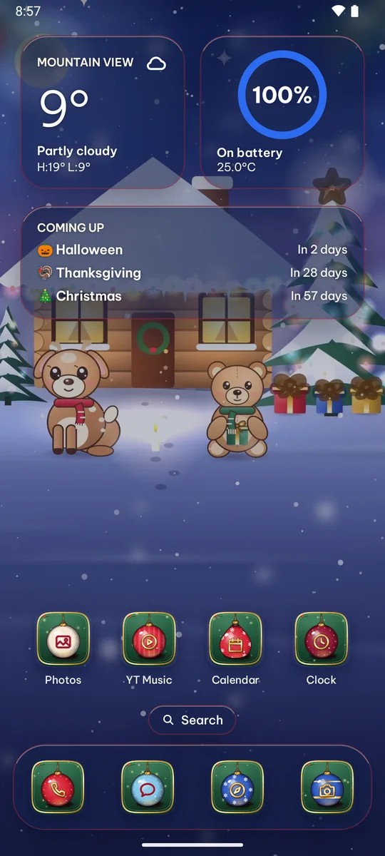 Pantalla de inicio de Inti Launcher con el tema Noche Navideña Acogedora: widgets de clima, batería y próximas fiestas