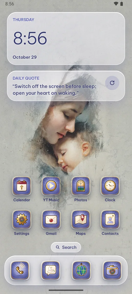Pantalla de inicio de Inti Launcher con el tema Fe Católica: fondo en acuarela de la Madre con el Niño e íconos dorados