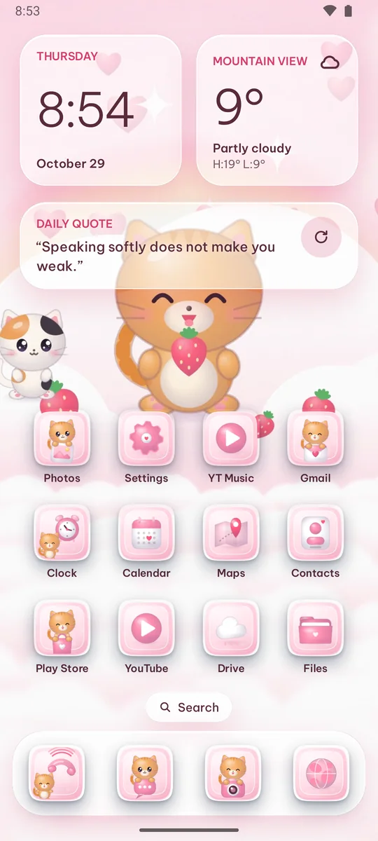 Pantalla de inicio de Inti Launcher con el tema Gatito Fresa con Leche y mascotas tiernas caminando por la pantalla