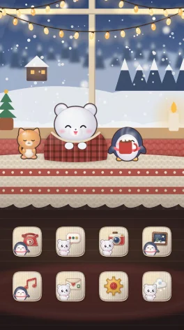 Tema Invierno Acogedor para Android: pantalla de inicio con íconos y fondo a juego