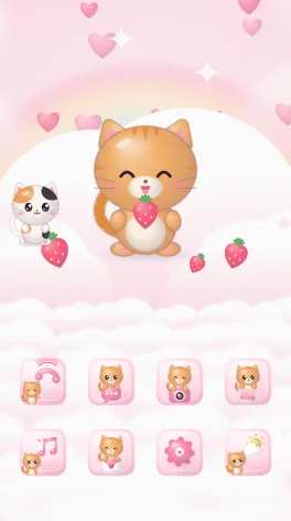 Tema Gatito Fresa con Leche para Android: pantalla de inicio con íconos y fondo a juego