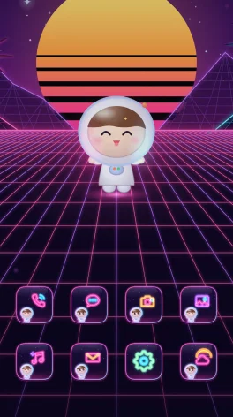 Tema Neón Synthwave para Android: pantalla de inicio con íconos y fondo a juego