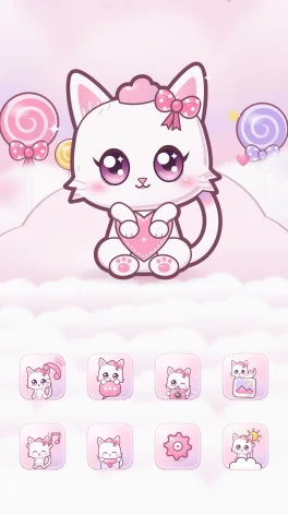 Tema Gatita Algodón de Azúcar para Android: pantalla de inicio con íconos y fondo a juego