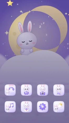 Tema Conejita Nube Lavanda para Android: pantalla de inicio con íconos y fondo a juego